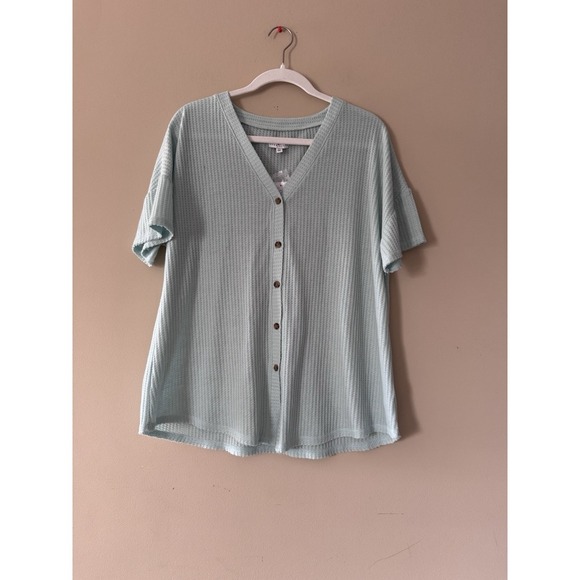 True Craft Women's Top Light Blue Cap Sleeve Button Front Size Large NEW - Picture 1 of 9